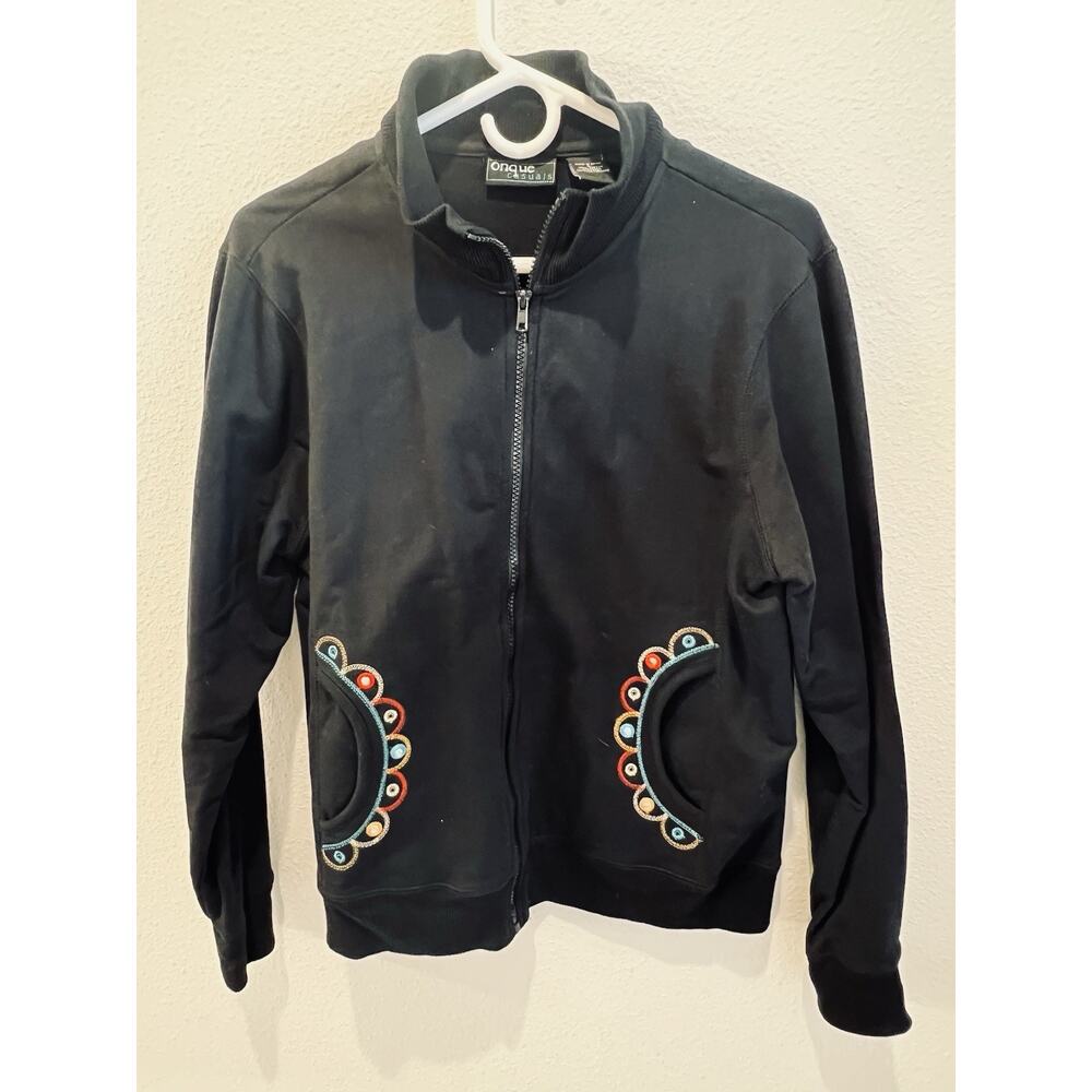 Onque Casuals Black Full Zip Sweatshirt. Size Large. Embellished Pockets.